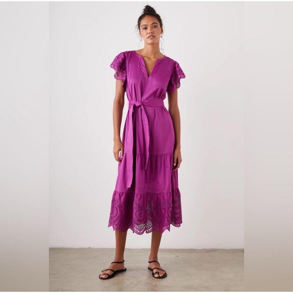Rails Gia Midi Dress‎ Womens Size XS Berry Tiered Eyelet Flutter Sleeve Bohemian